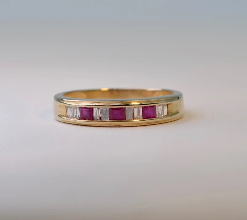 Trendy Titanium Wedding Rings For Brides-14K yellow gold Band ring with 3 square Rubies and 8 Baguette Diamonds