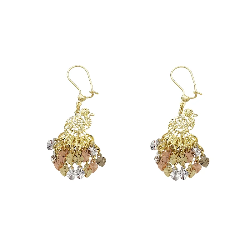 Elegant Gold Earrings For Day Wear-Tricolor Peacock Diamond-cut Chandelier Earrings (14K)