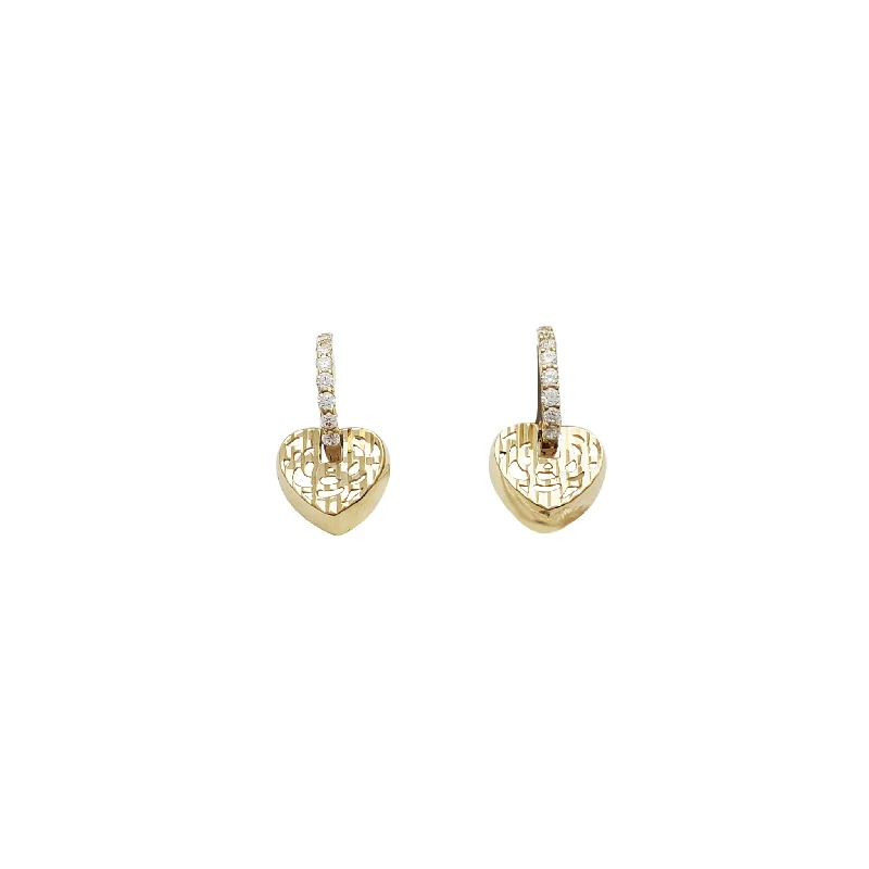 Classic Stud Earrings For Everyday Look-Dangling Heart CZ Huggie Earrings (14K)