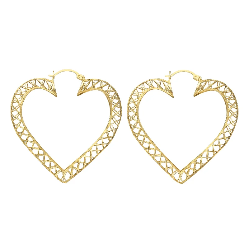 Custom Earrings For Wedding Day Gifts-Hollow Mesh Textured Heart Hoop Earrings (14K)