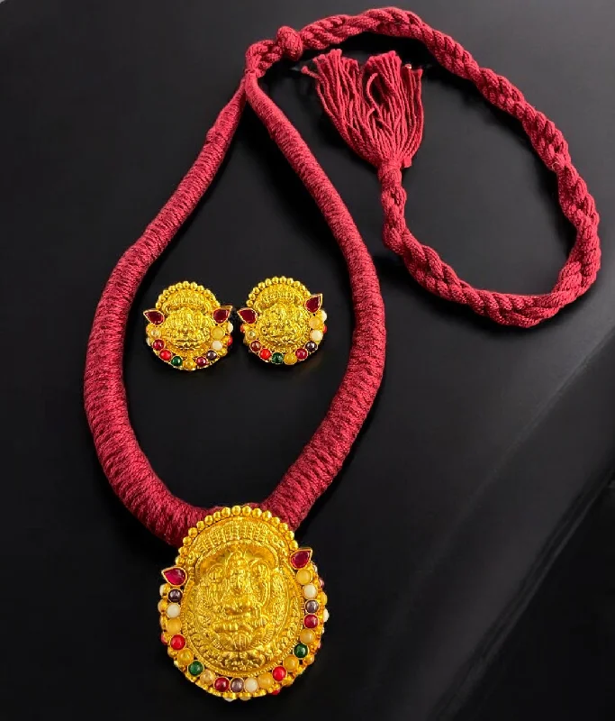 Handcrafted Gemstone Necklace For Special Gifts-The Abhata Silver Lakshmi Navratna Thread Necklace & Earrings