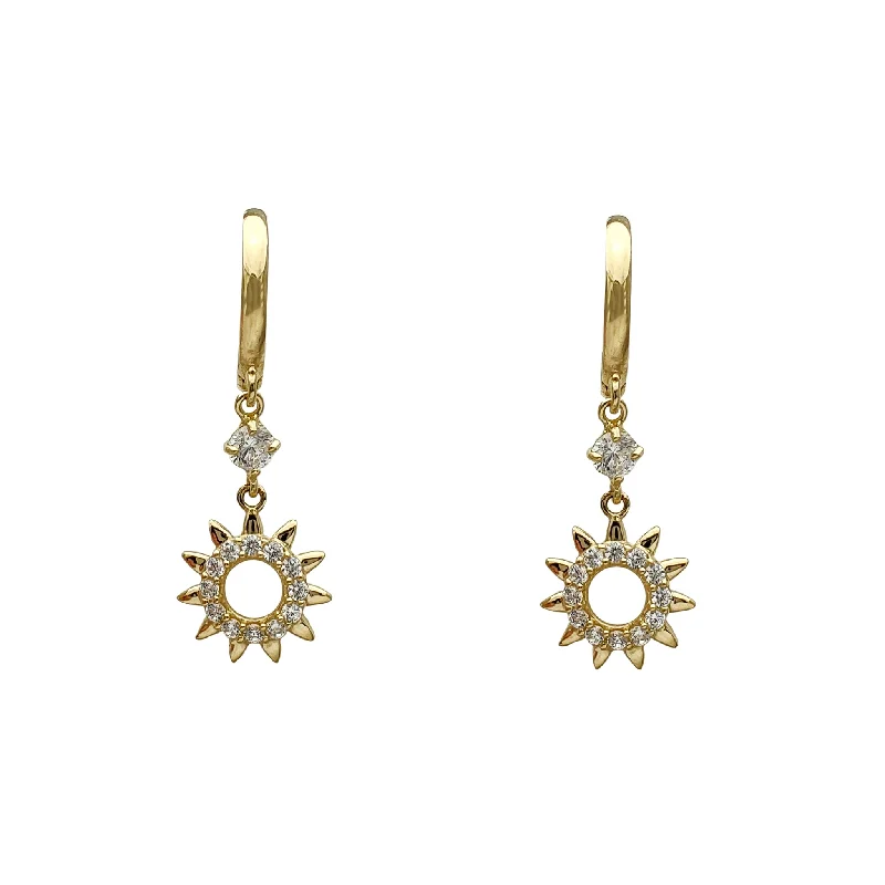 Silver Earrings With Birthstones For Gifts-Pave Sunburst Dangling Huggie Earrings (14K)