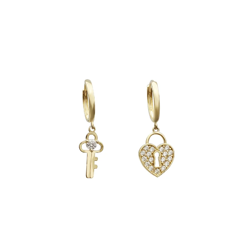 Simple Hoop Earrings For Day-to-Day Look-Hanging Key & Lock Huggie CZ Earrings (14K)