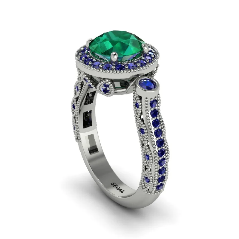 Classic Wedding Rings For Elegant Bridesmaids-Milgrain Halo Pave Emerald Engagement Ring - Mabel No. 66