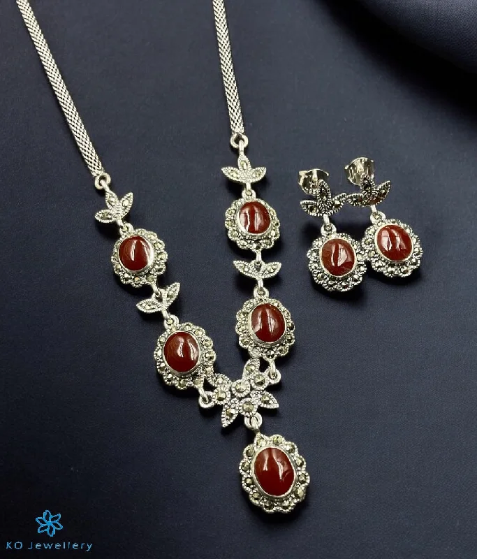 Sparkling Silver Necklace For Custom Style-The Exquisite Elegance Silver Marcasite Necklace & Earrings (Red)