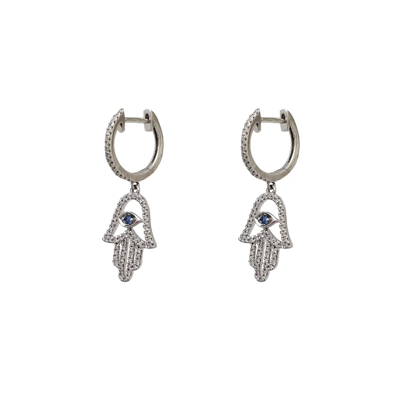 Bold Earrings With Beads For Fashion-Diamond Hamsa Dangling Huggie Earrings (14K)