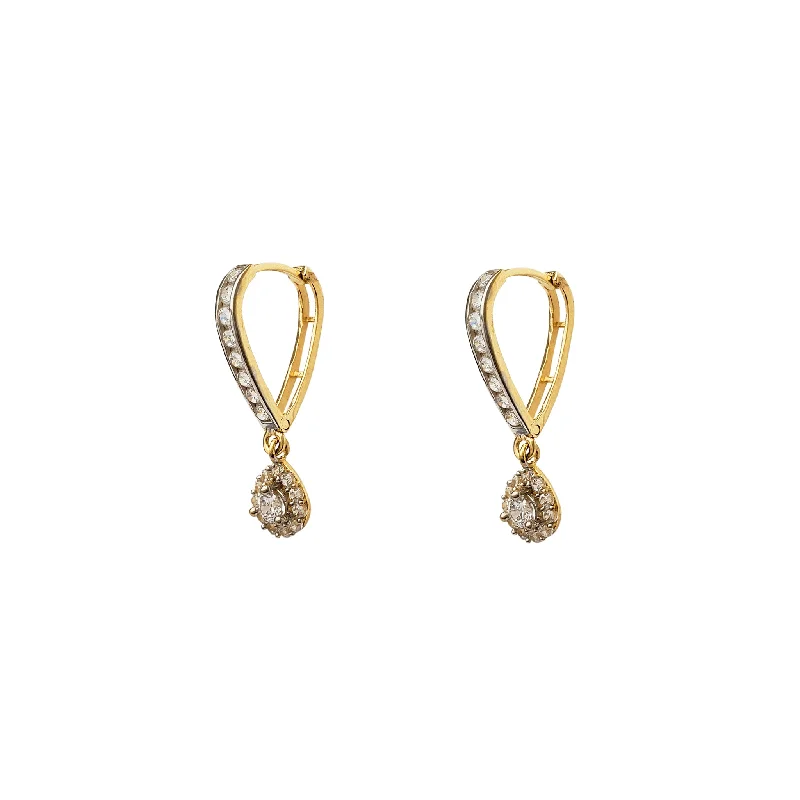 Gold Earrings For Casual Day Wear-Two-Tone Pave Teardrop V-Shape Hanging Huggie Earrings (14K)