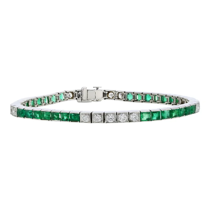 Healing Crystal Bracelets For Wellness-Art Deco Platinum Diamond and Emerald Straight Row Bracelet