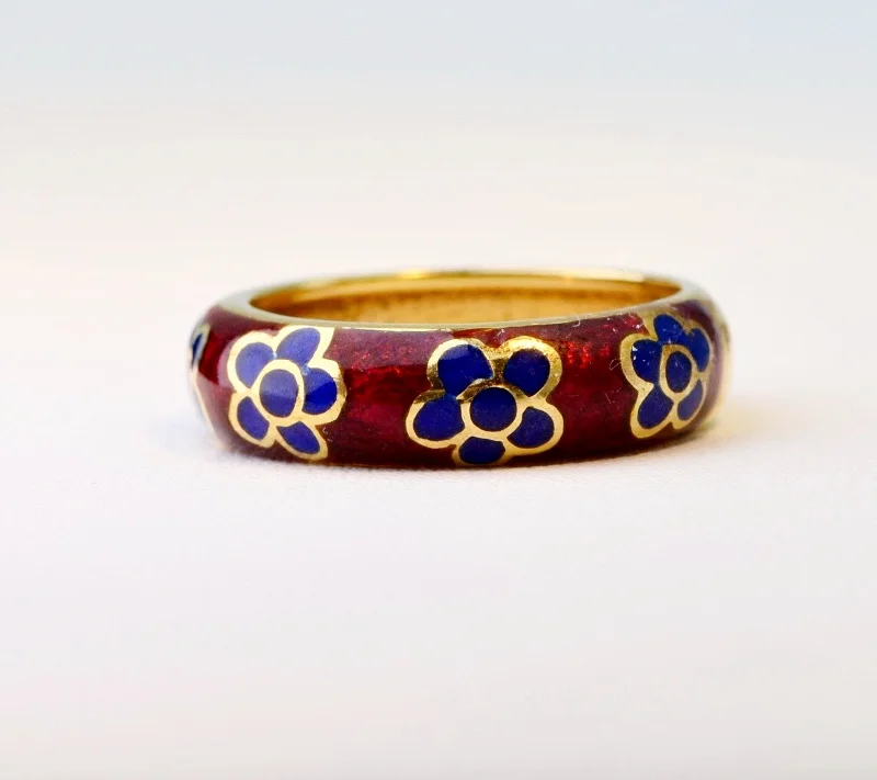 Sparkling Wedding Bands With Colored Stones-18K Red Enamel band with blue enamel flowers