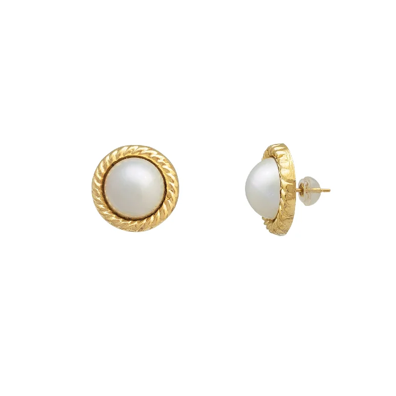 Minimalist Earrings With Colored Stones-Rope Frame Pearl Stud Earrings (14K)