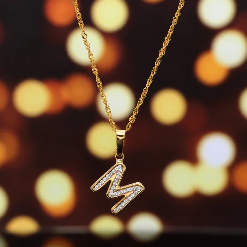 Elegant Crystal Necklace For Day Wear-Gold Necklace (Chain with M Shaped Alphabet Letter Pendant) 18KT - FKJNKL18K9418