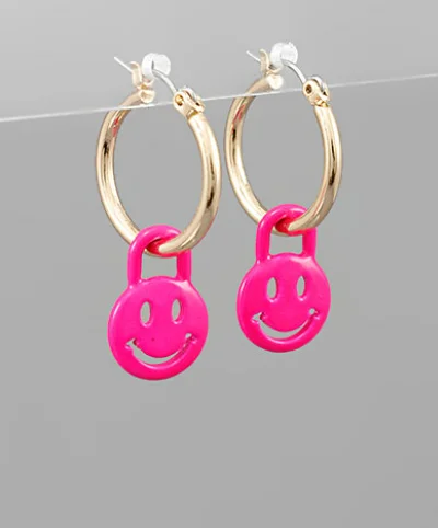 Colorful Drop Earrings For Fashion Lovers-Smile Face Lock Dangle Hoops - Pink