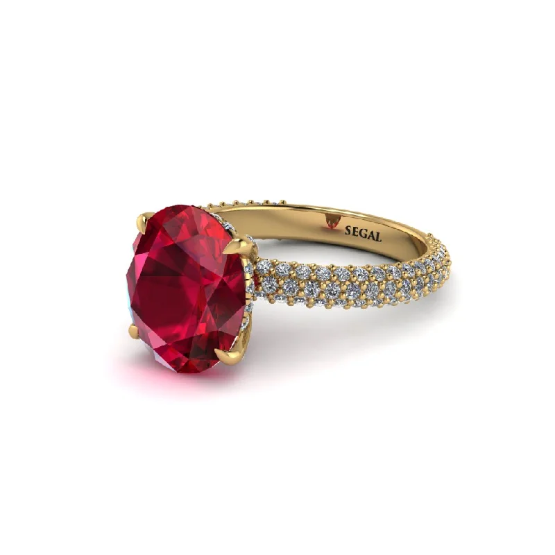 Simple Gemstone Wedding Bands For Couples-Oval Cut Ruby Classic Pave Engagement Ring - Irene No. 10