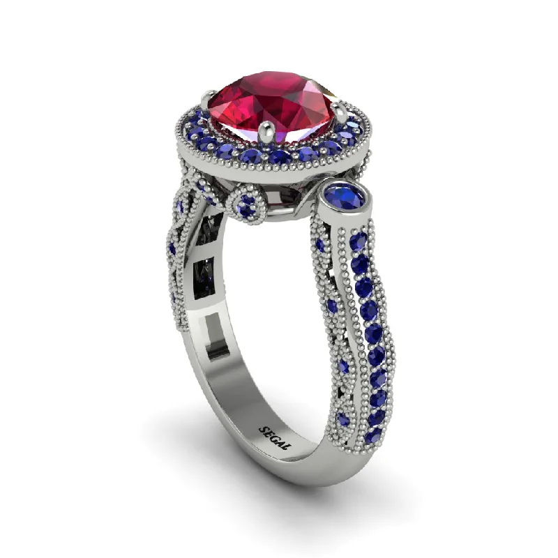 Elegant Stackable Rings For Wedding Gifts-Milgrain Halo Pave Ruby Engagement Ring - Mabel No. 72