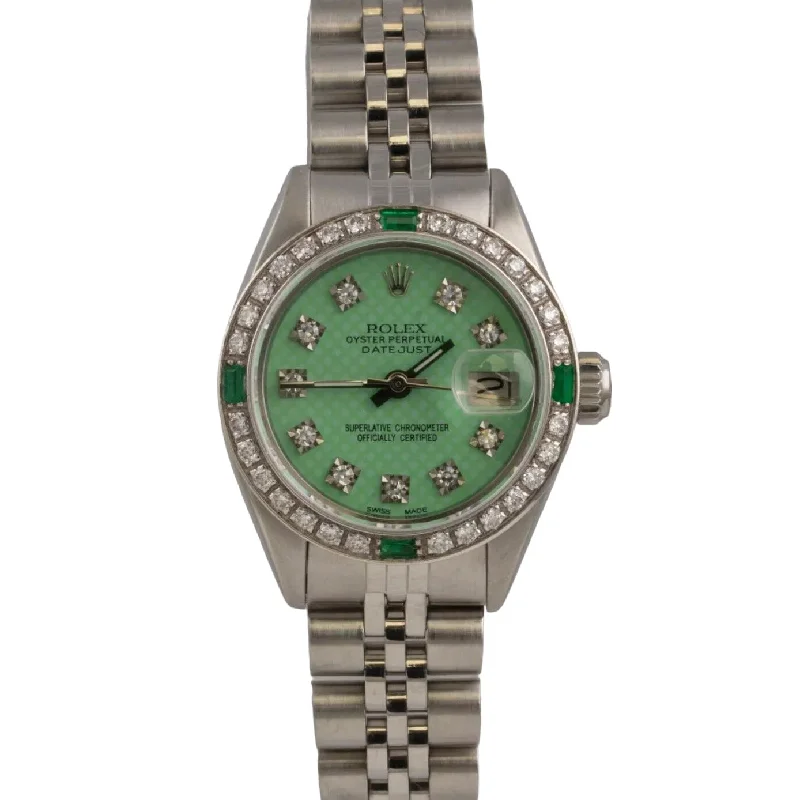 Women’s Designer Watches For Fashionistas-1978 Rolex Datejust 6916 Stainless Steel Green Emerald Diamond 26mm Ladies Watch