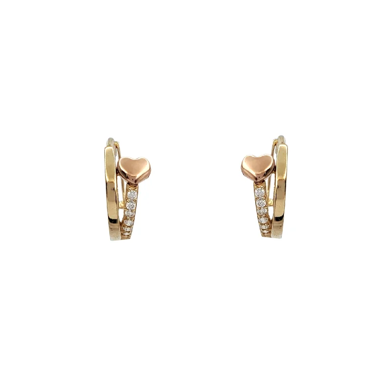 Minimalist Gold Earrings For Sophisticated Look-Zirconia Two-Tone Heart Huggie Earrings (14K)