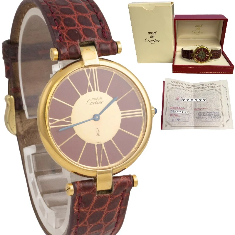 Men’s Watch Sets For Gifts-1986 Must de Cartier #17 925 Gold Vermeil Red Strap Cal 81 30mm Watch BOX PAPERS