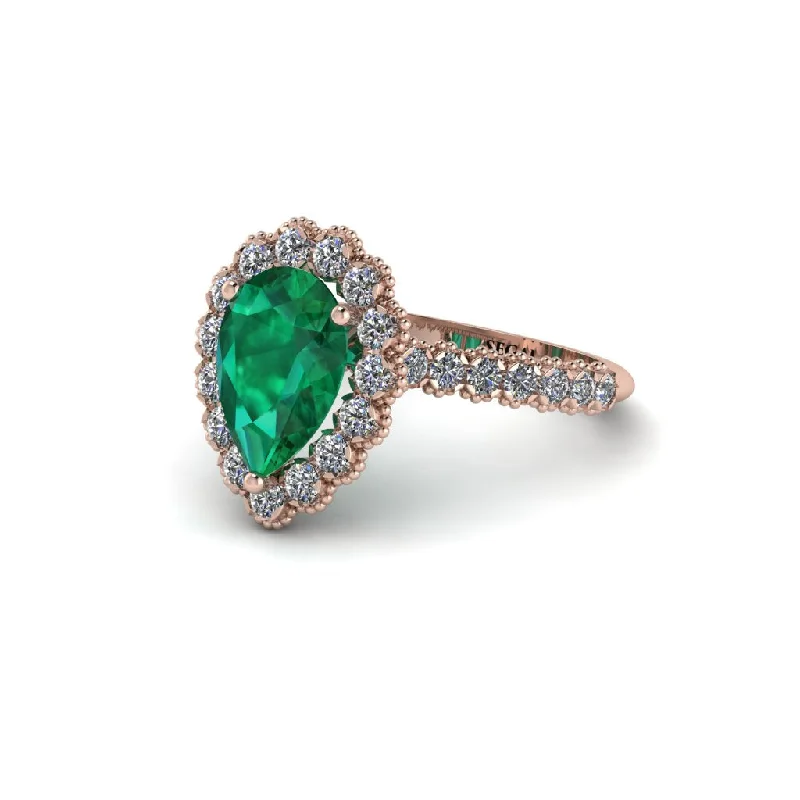 Sparkling Engagement Rings With Colored Stones-Halo Pear Emerald Pave Engagement Ring - Ingrid No. 5