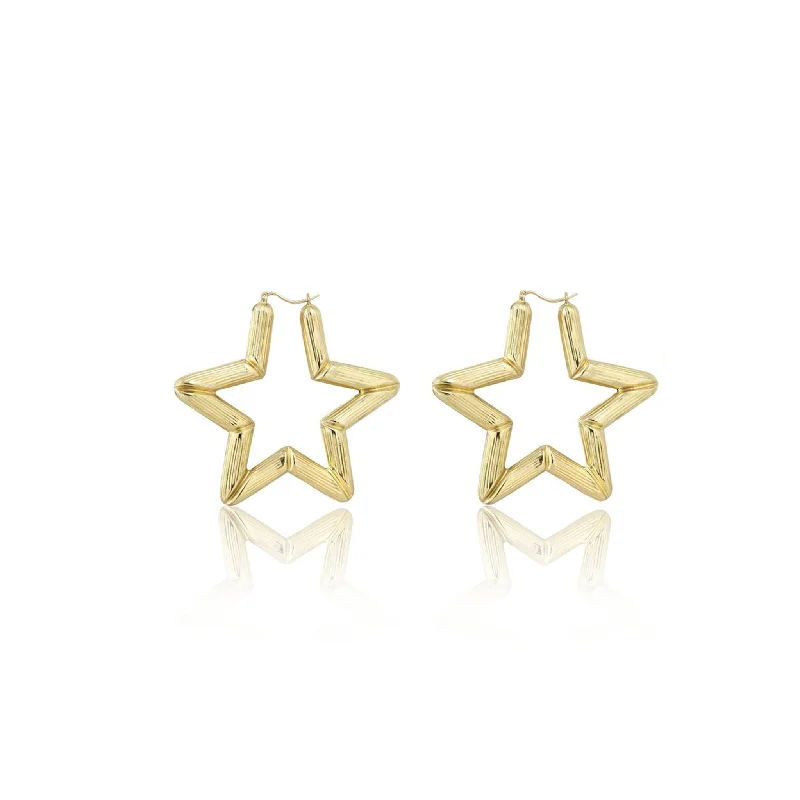 Simple Silver Drop Earrings For Casual Wear-Star Shaped Bamboo Hoop Earrings (10K)