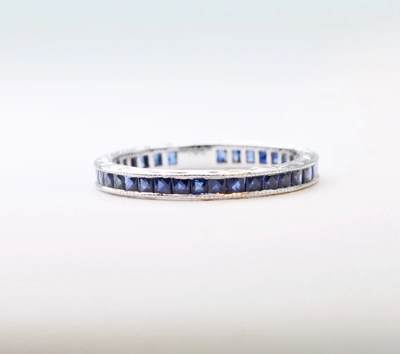 Classic Sapphire Wedding Bands For Brides-18K white gold Sapphire band with French-cut Blue Sapphires all around