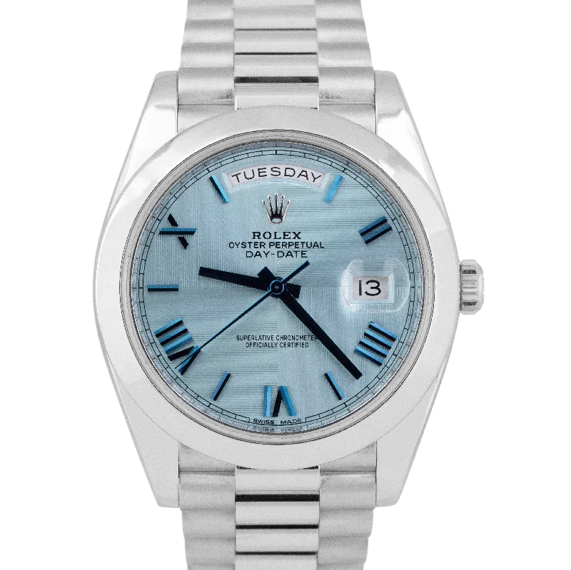 Custom Watches For Couples-PAPERS Rolex Day-Date President 40mm Platinum Blue Glacier Quadrant 228206 BOX