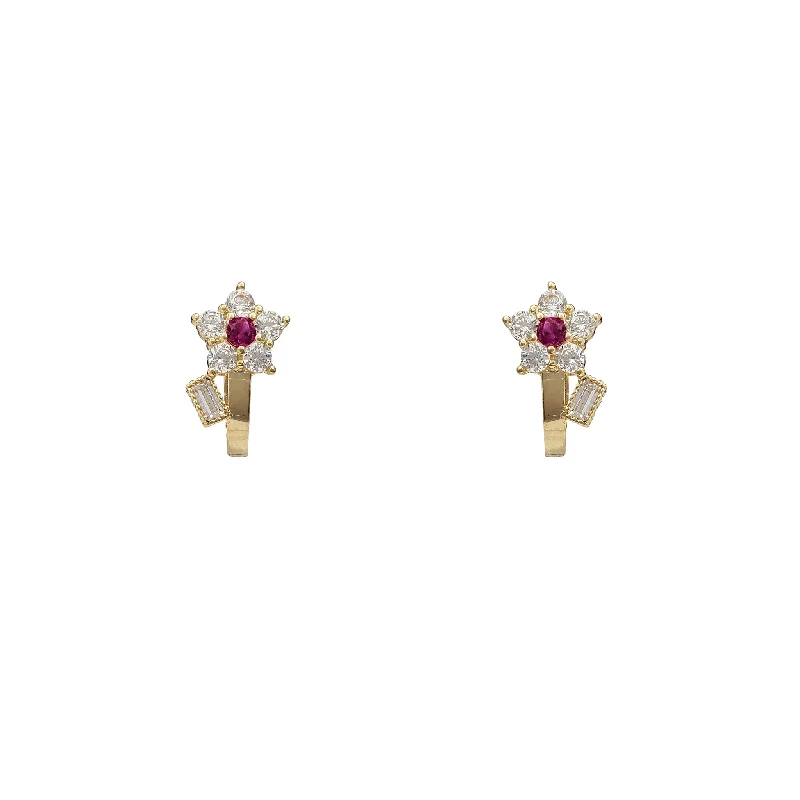 Statement Earrings For Fashion Week-Red Zirconia Flower Huggie Earrings (14K)