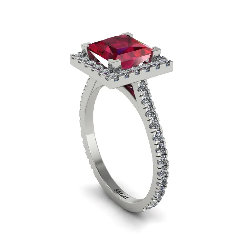 Trendy Wedding Bands With Custom Designs-Princess-Cut Floating Halo Ruby Engagement Ring - Candice No. 12