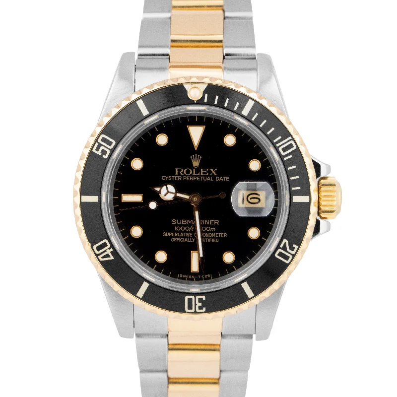 Digital Watches With Health Features-Rolex Submariner Date 18K Yellow Gold Black Stainless Steel 40mm 16803 Watch