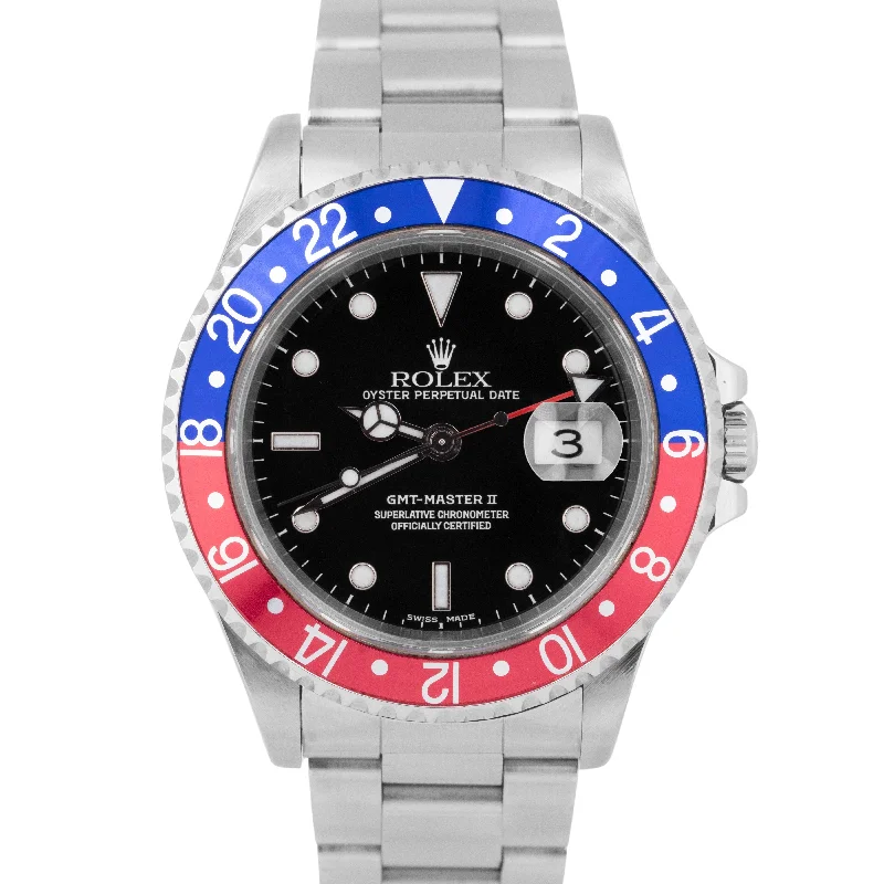 Elegant Watches For Special Events-PAPERS Rolex GMT-Master II PEPSI 40mm Blue Red Stainless Date Watch 16710 BOX