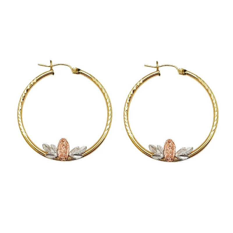 Elegant Crystal Earrings For Weddings-Tri-Color Virgin Mary Hoop Earrings (14K)