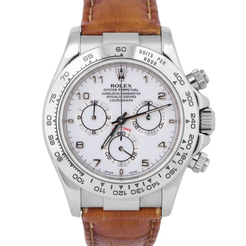 Gold Plated Watches For Women-Rolex Daytona Cosmograph WHITE ARABIC 18K White Gold Brown Leather Watch 116519