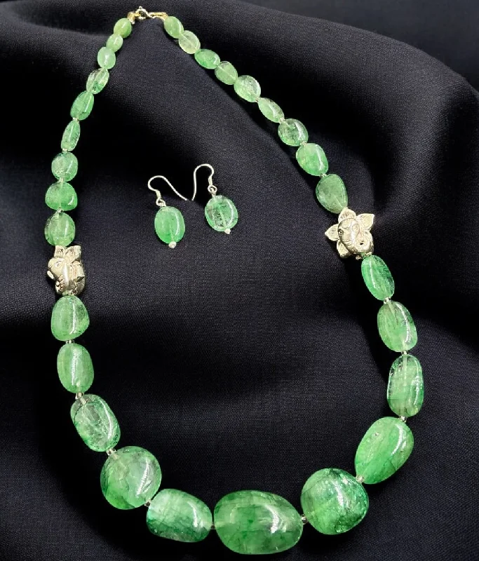 Sparkling Gold Necklace For Bridesmaids-The Green Aventurine Ganesha Silver Gemstone Necklace & Earrings