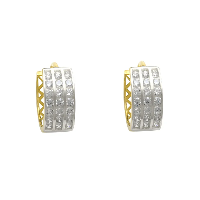 Simple Hoop Earrings For Day-to-Day Look-Zirconia 3-Row Huggie Earrings (14K)