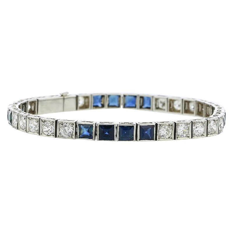 Designer Charm Bracelets For Women-Art Deco Platinum Sapphire and Diamond Bracelet