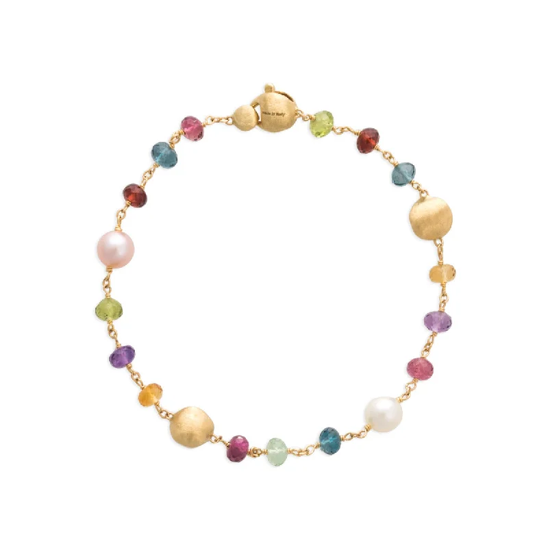 Vintage Metal Bracelets For Women-18K Yellow Gold Mixed Gemstone and Pearl Single Strand Bracelet