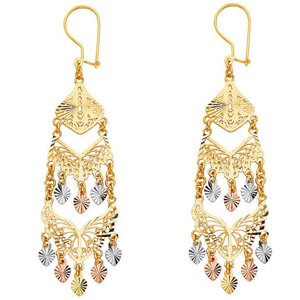 Elegant Long Earrings For Formal Events-Tricolor Diamond-cut Chandelier Earrings (14K)