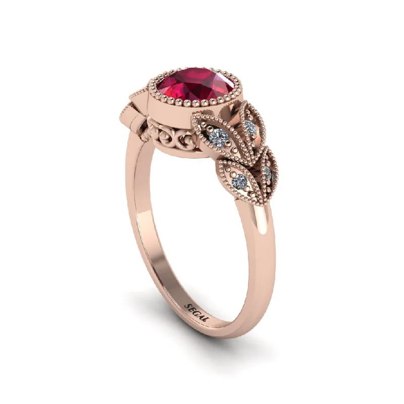 Luxury Wedding Rings With Colored Diamonds-Art Deco Ruby Leaves Engagement Rings - Thalia No. 11