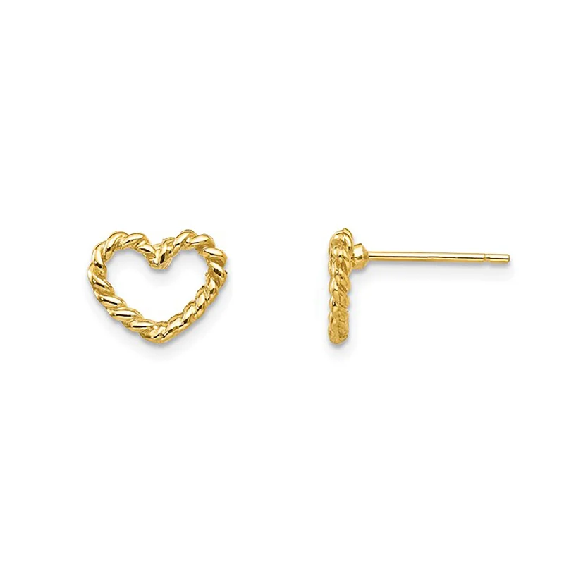 Personalized Birthstone Earrings For Birthday Gifts-Rope Textured Outline Heart Stud Earrings (14K)