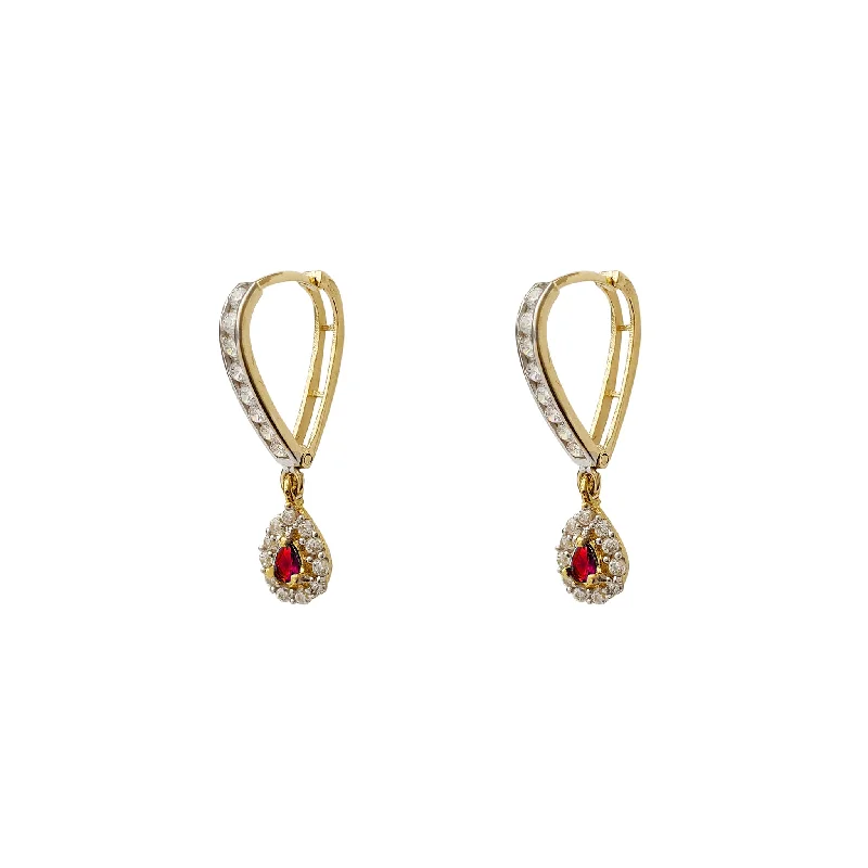 Boho Chic Earrings For Fashion-Red Stone Pave Teardrop V-Shape Hanging Huggie Earrings (14K)