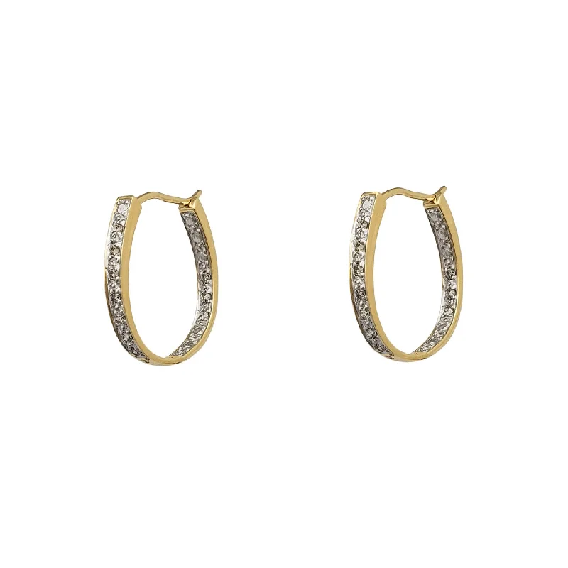 Classic Silver Earrings For Office Look-Diamond Inside-Out Oval Hoops Earrings (14K)