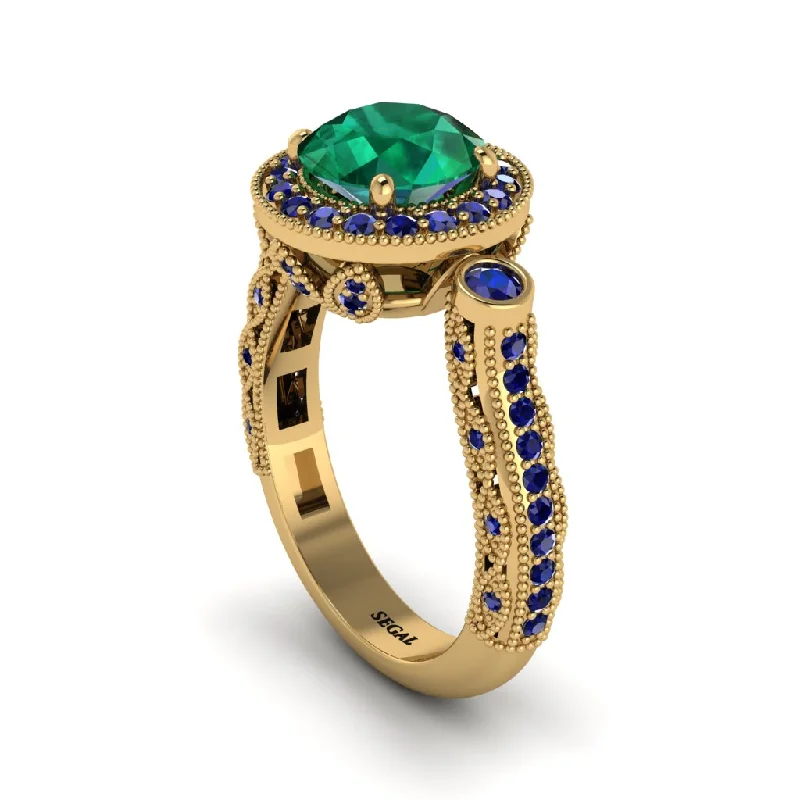 Simple Engagement Rings With Custom Stones-Milgrain Halo Pave Emerald Engagement Ring - Mabel No. 64