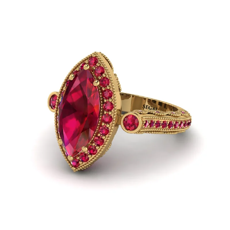 Classic Rose Gold Rings For Special Gifts-Milgrain Halo Marquise Ruby Engagement Ring - Noreen No. 55