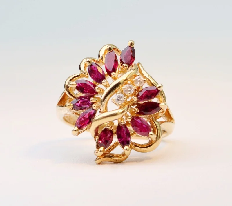 Trendy Stacking Rings For Special Occasions-14K yellow gold Ruby/Diamond cocktail ring with  11 Marquise-shaped Rubies and 3 Diamonds