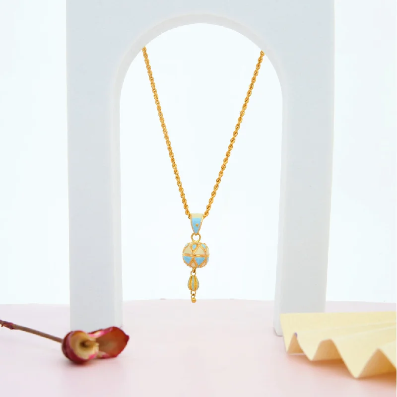 Custom Gold Bar Necklace For Personalized Jewelry-Gold Necklace (Chain With Hanging Light Blue Ball Shaped Pendant) 21KT - FKJNKL21KM9938