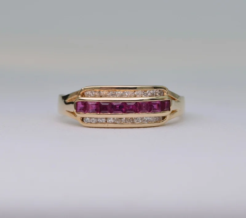 Elegant Titanium Wedding Bands For Grooms-14K Yellow Gold Ruby and Diamond Band