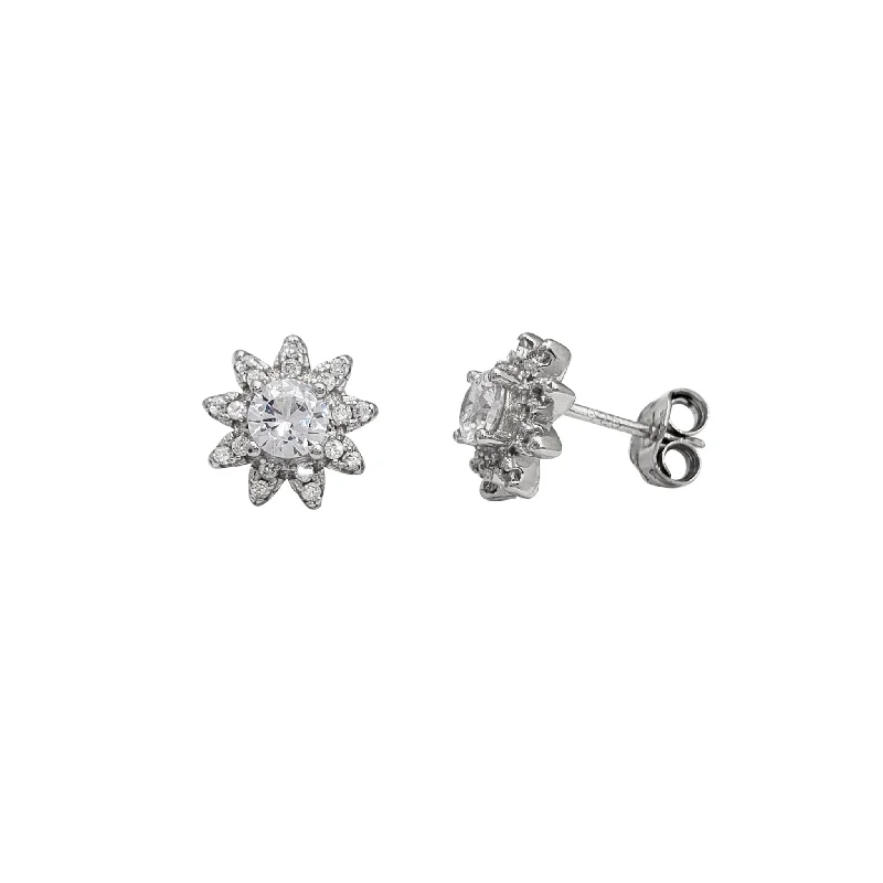 Silver Earrings With Colorful Gemstones-Zirconia Flower Stud Earrings (Silver)