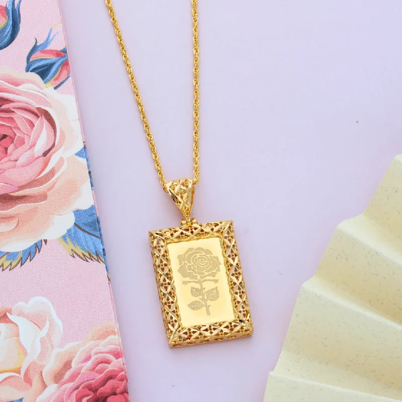 Personalized Silver Necklace For Her-Gold Necklace (Chain Rectangle Shaped Rose Frame Pendant) 21KT - FKJNKL21KM9617