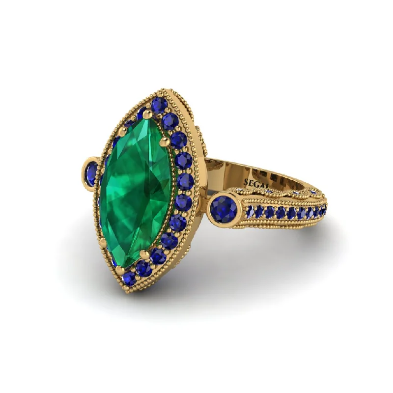 Custom Gemstone Rings For Anniversary Gifts-Milgrain Halo Marquise Emerald Engagement Ring - Noreen No. 64