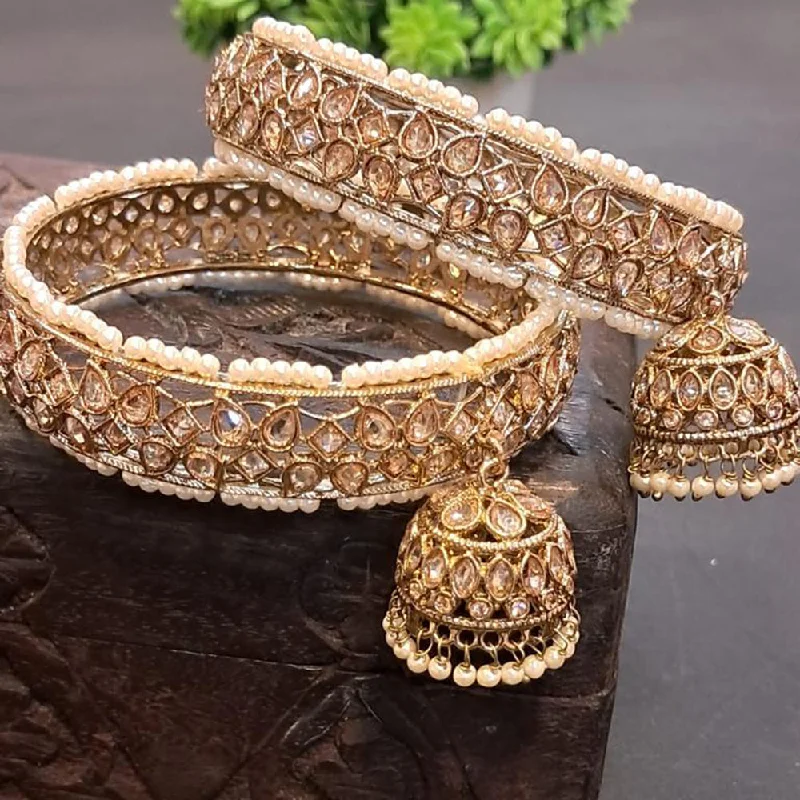 Sparkling Custom Gold Wedding Bangles For Bridesmaids-Raddhi Jewels Premium Gold-Plated Kundan Pearl Set of 2 Brass Bangles with Hanging Jhumki