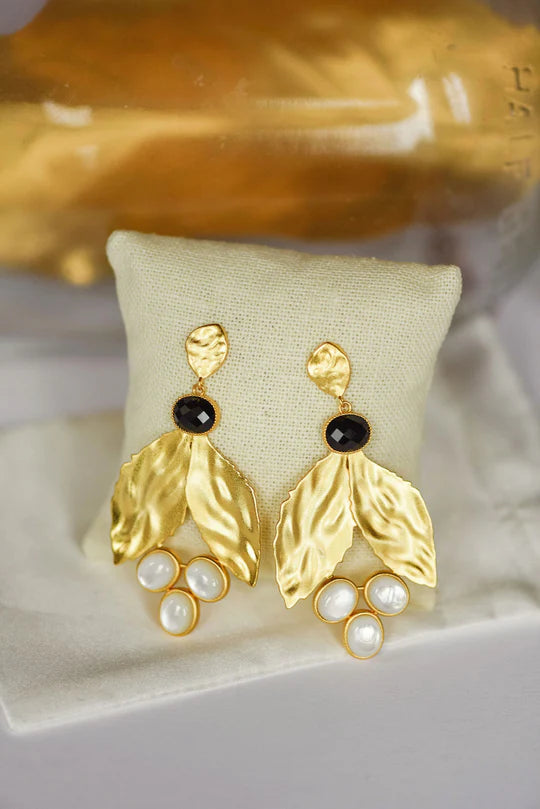 Large Gold Drop Earrings For Evening Wear-Tatum James Designs Laura Leaf- Black Agate